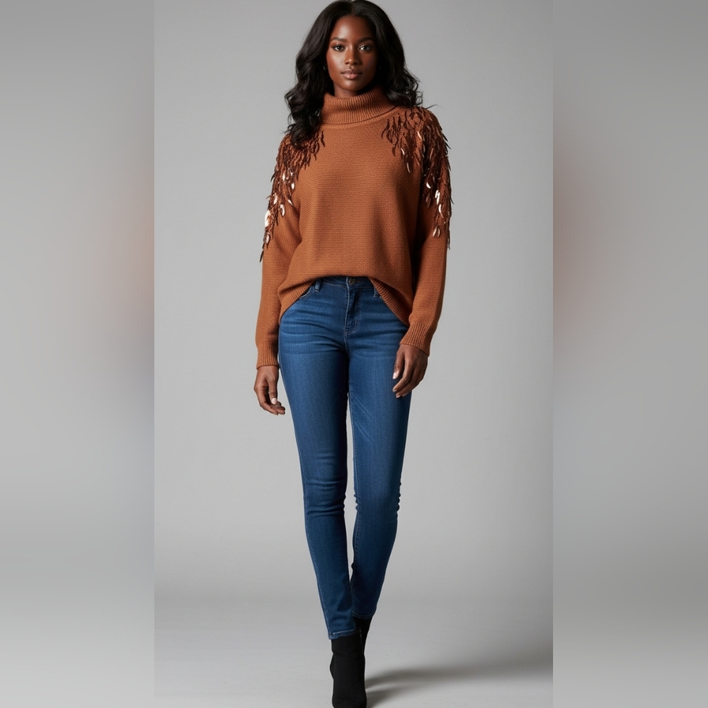 Ashley By 26 International Brown Turtleneck Sweater with Fringe